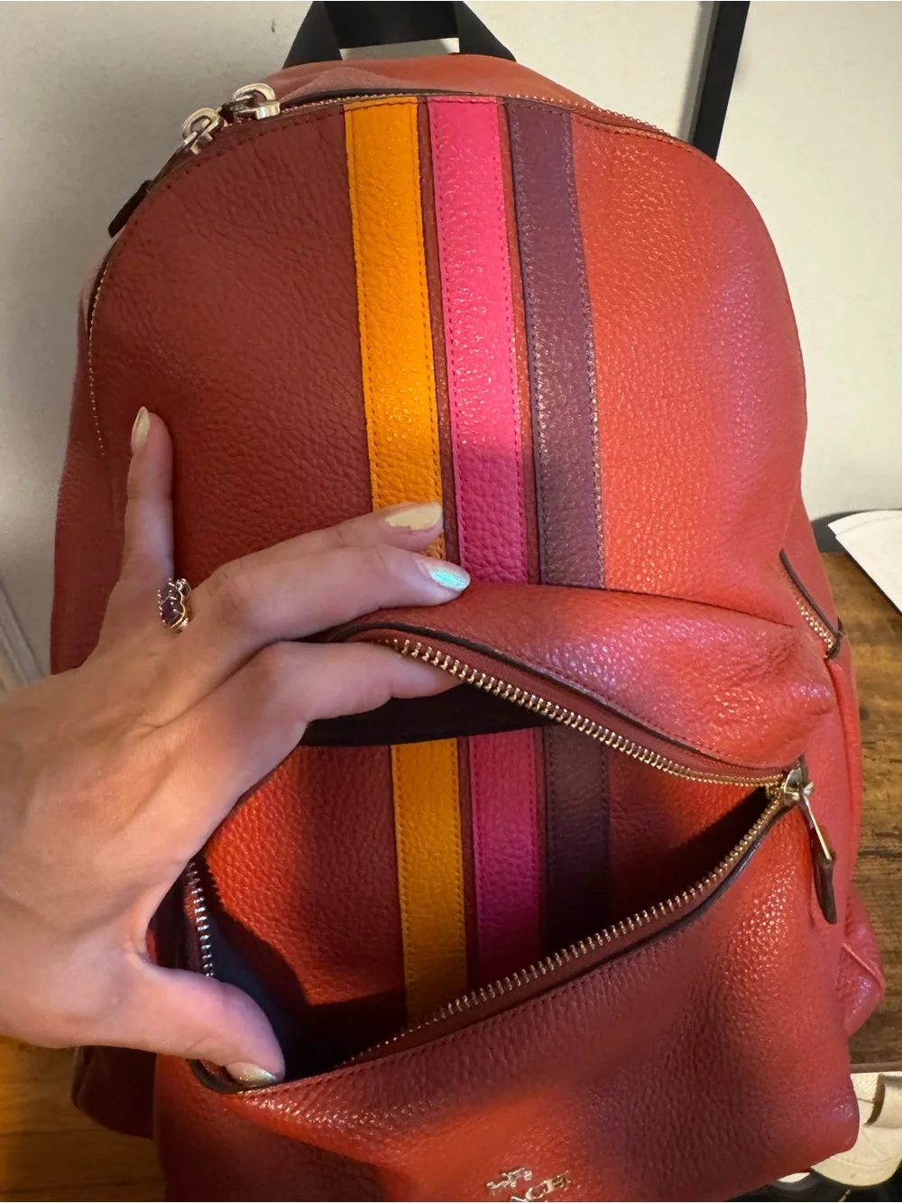 Coach Pebble Red/Wine Large Backpack with Color Stripe Accent Clean Conditions